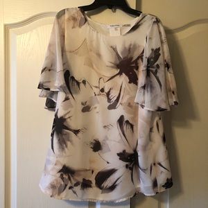 Calvin Klein Cream and Brown Floral Flutter Sleeve Blouse